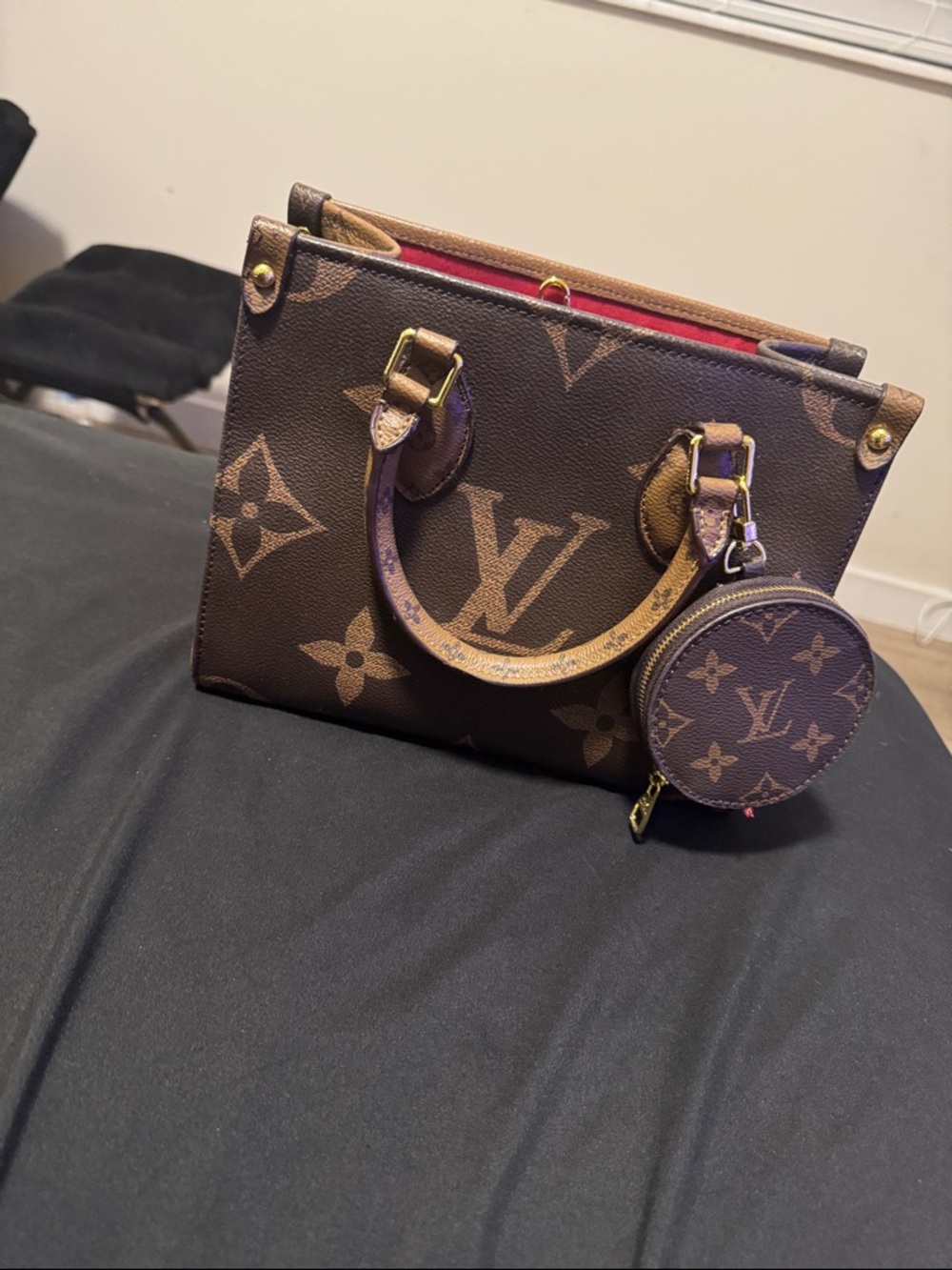 Louis Vuitton Monogram Canvas Satchel with Red Lining and Coin Pouch